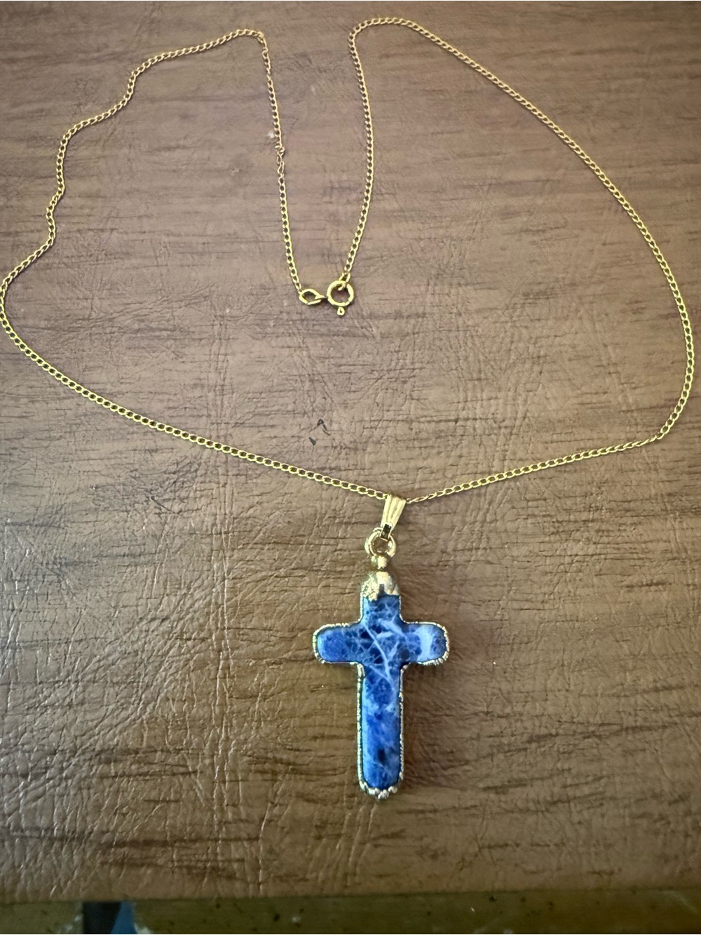 Gold Chain Necklace with Blue Cross Pendant
